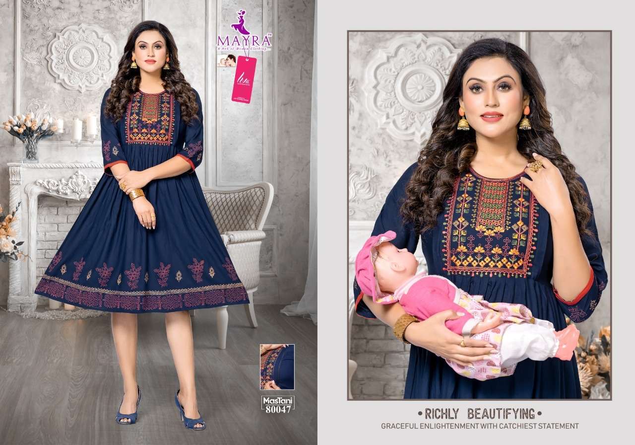 MASTANI BY MAYRA 80043 TO 80050 SERIES DESIGNER STYLISH FANCY COLORFUL BEAUTIFUL PARTY WEAR & ETHNIC WEAR COLLECTION RAYON EMBROIDERED KURTIS AT WHOLESALE PRICE