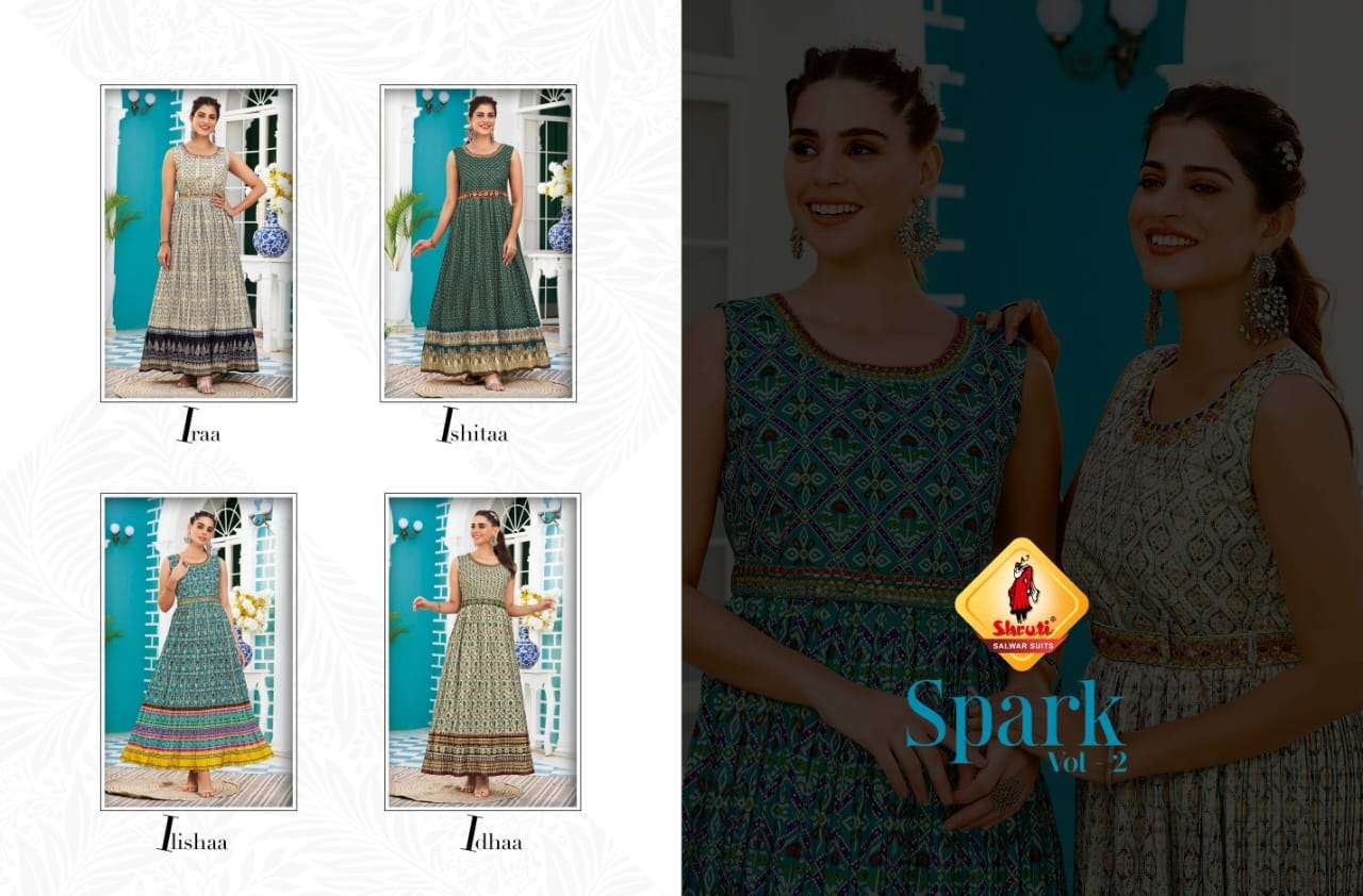 SPARK VOL-2 BY SHRUTI 201 TO 204 SERIES BEAUTIFUL STYLISH FANCY COLORFUL CASUAL WEAR & ETHNIC WEAR VISCOSE MUSLIN PRINT GOWNS AT WHOLESALE PRICE