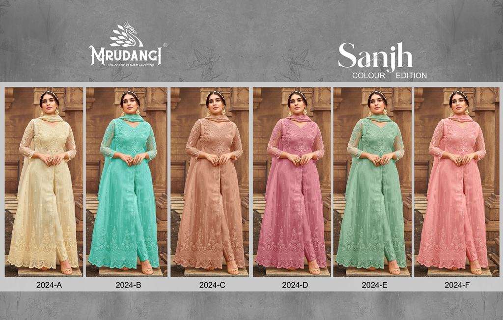 Sanjh 2024 Colour Edition By Mrudangi 2024-A To 2024-F Series Beautiful Stylish Anarkali Suits Fancy Colorful Casual Wear & Ethnic Wear & Ready To Wear Heavy Butterfly Net Embroidered Dresses At Wholesale Price