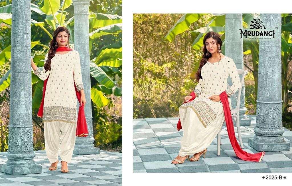 SAHELI 2025 COLOUR EDITION BY MRUDANGI 2025-A TO 2025-D SERIES BEAUTIFUL STYLISH PATIYALA SUITS FANCY COLORFUL CASUAL WEAR & ETHNIC WEAR & READY TO WEAR FAUX GEORGETTE EMBROIDERED DRESSES AT WHOLESALE PRICE