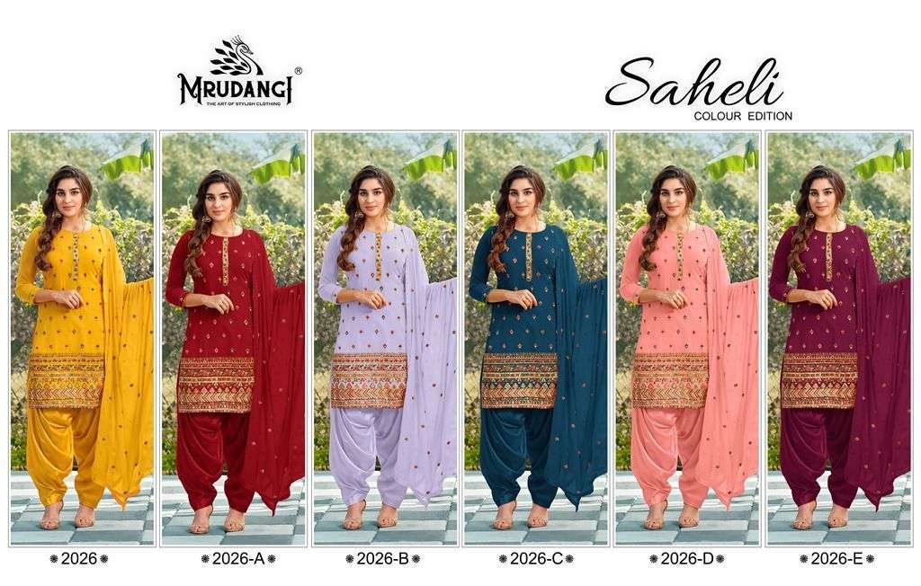 SAHELI 2026 COLOUR EDITION BY MRUDANGI 2026 TO 2026-E SERIES BEAUTIFUL STYLISH PATIYALA SUITS FANCY COLORFUL CASUAL WEAR & ETHNIC WEAR & READY TO WEAR FAUX GEORGETTE EMBROIDERED DRESSES AT WHOLESALE PRICE