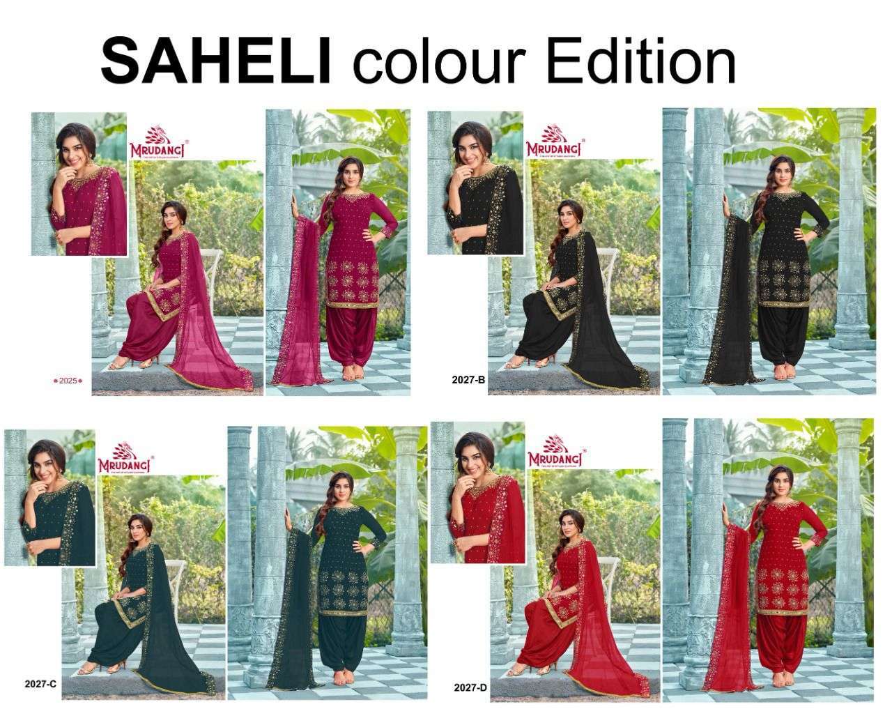 SAHELI 2027 COLOUR EDITION BY MRUDANGI 2027-A TO 2027-D SERIES BEAUTIFUL PATIYALA SUITS COLORFUL STYLISH FANCY CASUAL WEAR & ETHNIC WEAR FAUX GEORGETTE DRESSES AT WHOLESALE PRICE