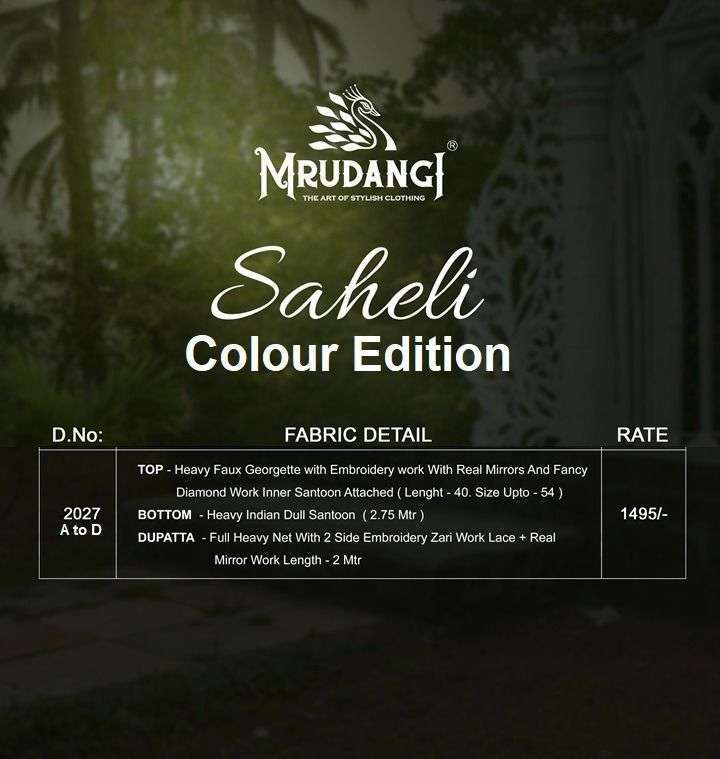 SAHELI 2027 COLOUR EDITION BY MRUDANGI 2027-A TO 2027-D SERIES BEAUTIFUL PATIYALA SUITS COLORFUL STYLISH FANCY CASUAL WEAR & ETHNIC WEAR FAUX GEORGETTE DRESSES AT WHOLESALE PRICE