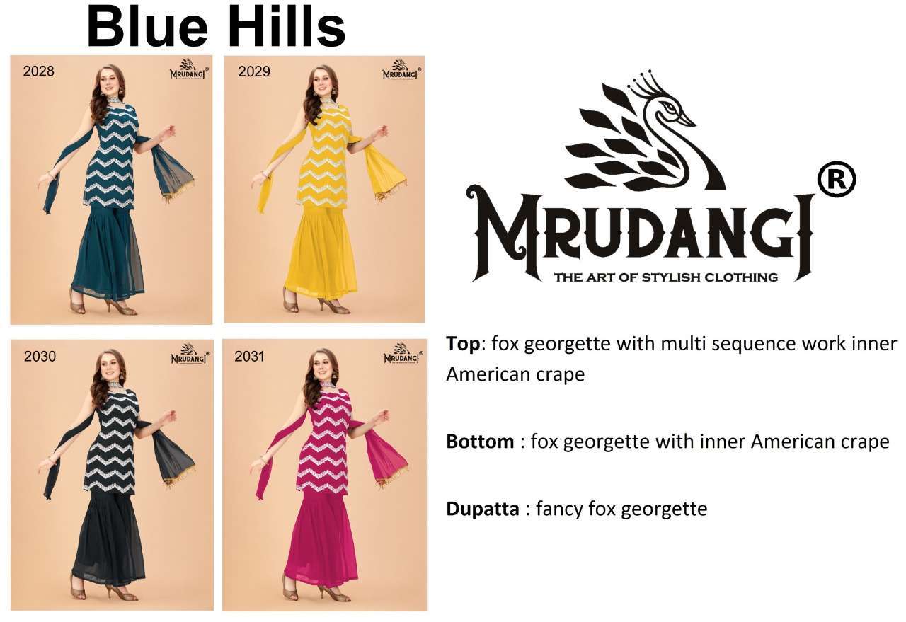BLUE HILLS BY MRUDANGI 2028 TO 2031 SERIES BEAUTIFUL SHARARA SUITS COLORFUL STYLISH FANCY CASUAL WEAR & ETHNIC WEAR FAUX GEORGETTE DRESSES AT WHOLESALE PRICE
