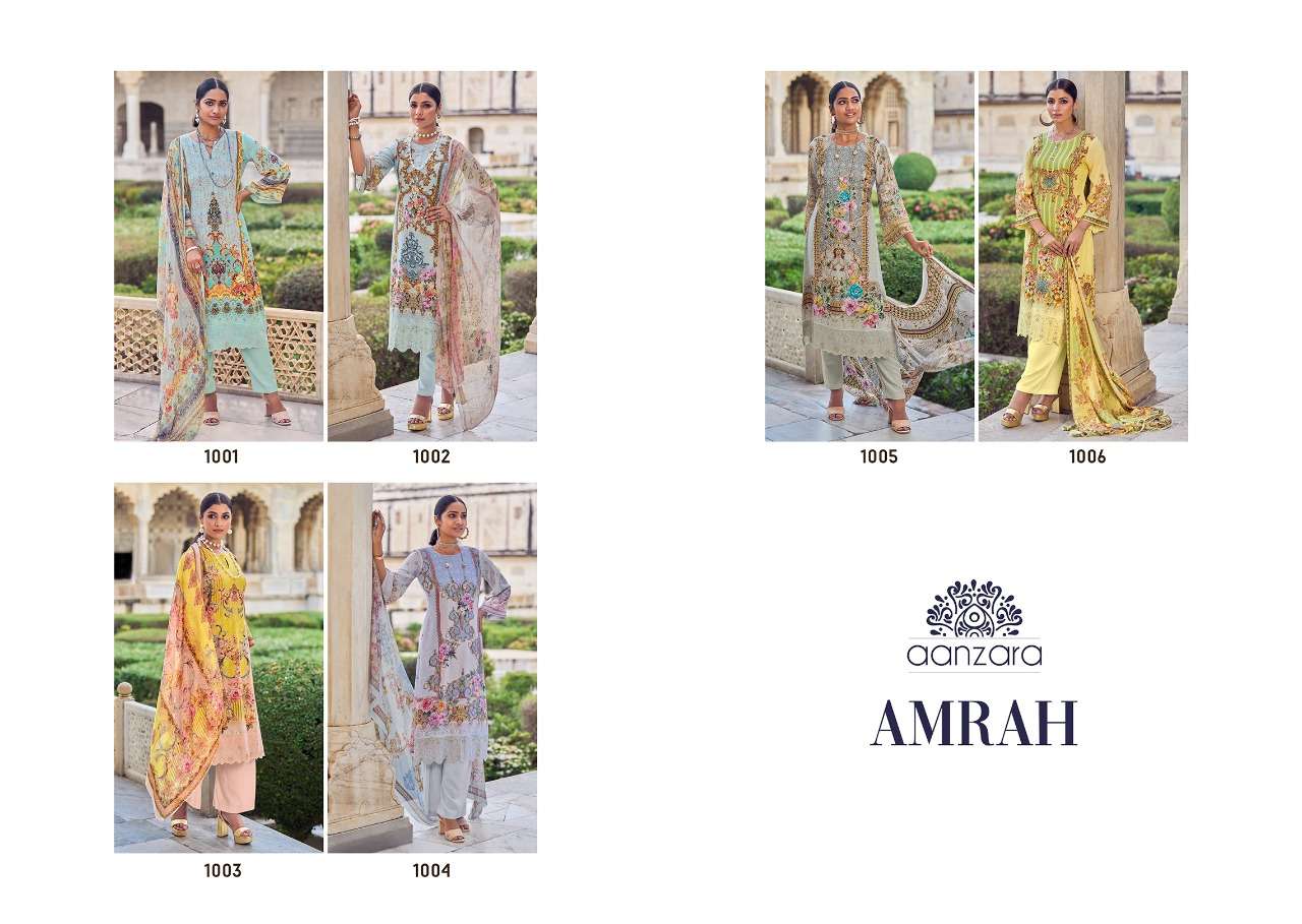 AMRAH BY AANZARA 1001 TO 1006 SERIES DESIGNER SUITS BEAUTIFUL FANCY COLORFUL STYLISH PARTY WEAR & OCCASIONAL WEAR PURE RAYON COTTON DRESSES AT WHOLESALE PRICE