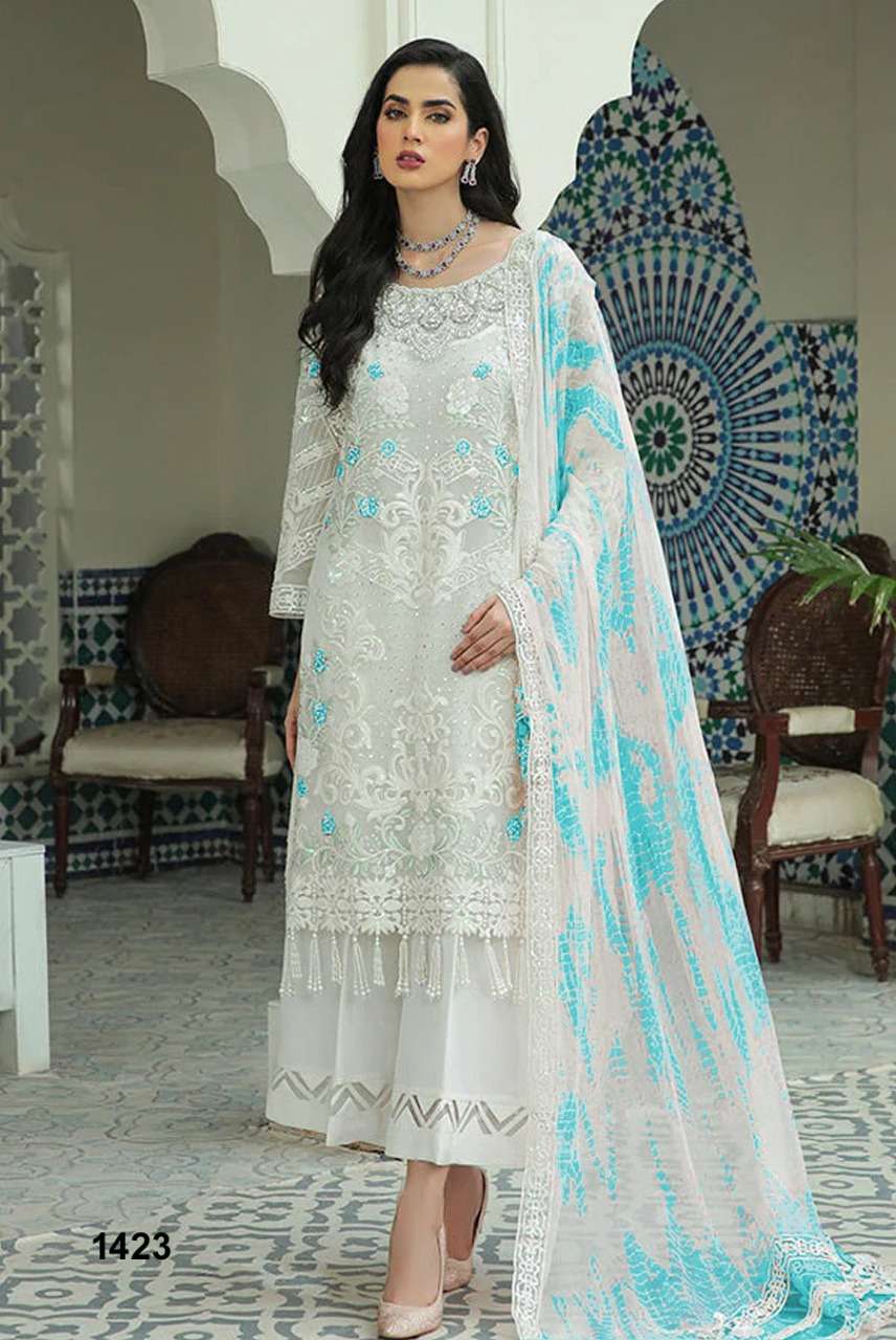 KASHISH BY NAZNEEN 1422 TO 1426 SERIES DESIGNER PAKISTANI SUITS BEAUTIFUL STYLISH FANCY COLORFUL PARTY WEAR & OCCASIONAL WEAR FAUX GEORGETTE EMBROIDERED DRESSES AT WHOLESALE PRICE