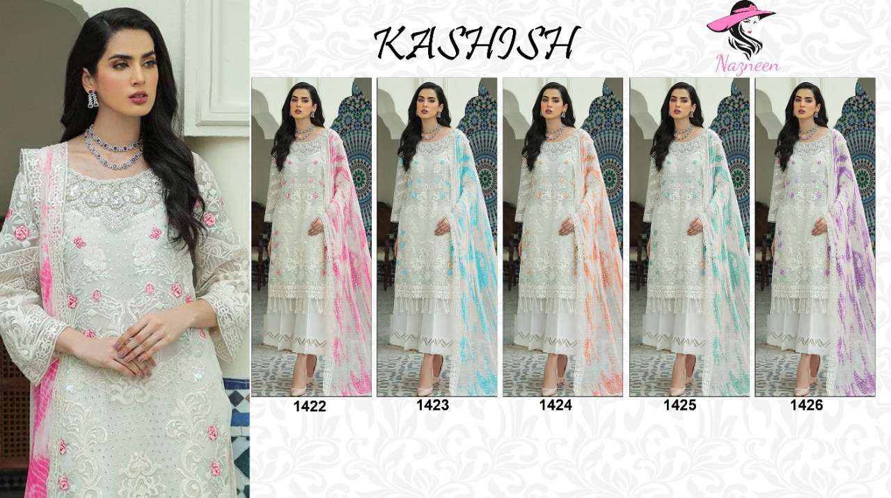 KASHISH BY NAZNEEN 1422 TO 1426 SERIES DESIGNER PAKISTANI SUITS BEAUTIFUL STYLISH FANCY COLORFUL PARTY WEAR & OCCASIONAL WEAR FAUX GEORGETTE EMBROIDERED DRESSES AT WHOLESALE PRICE