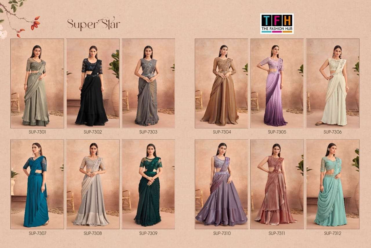 Super Star By Tfh 7301 To 7312 Series Indian Traditional Wear Collection Beautiful Stylish Fancy Colorful Party Wear & Occasional Wear Fancy Sarees At Wholesale Price