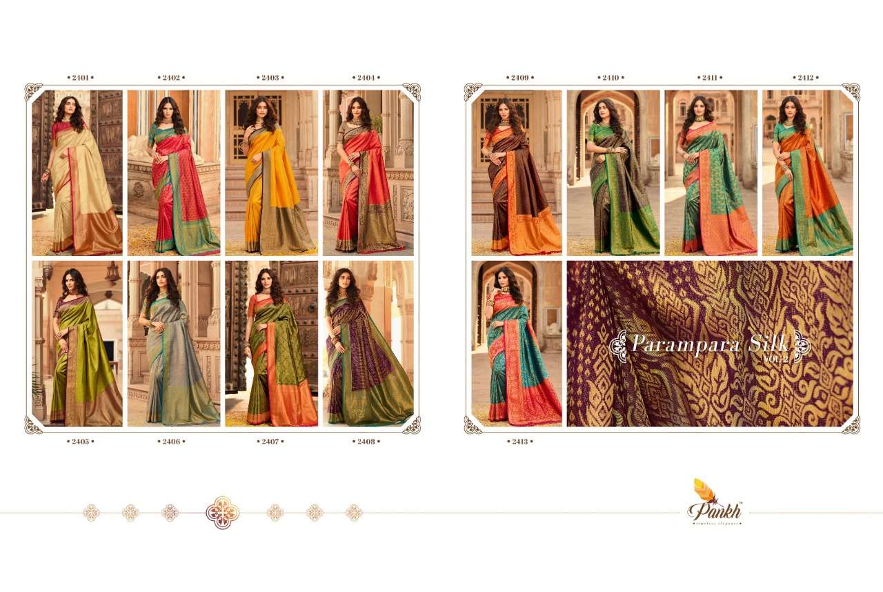 Parampara Vol-2 By Pankh Creation 2401 To 2413 Series Indian Traditional Wear Collection Beautiful Stylish Fancy Colorful Party Wear & Occasional Wear Kanjivaram Silk Sarees At Wholesale Price