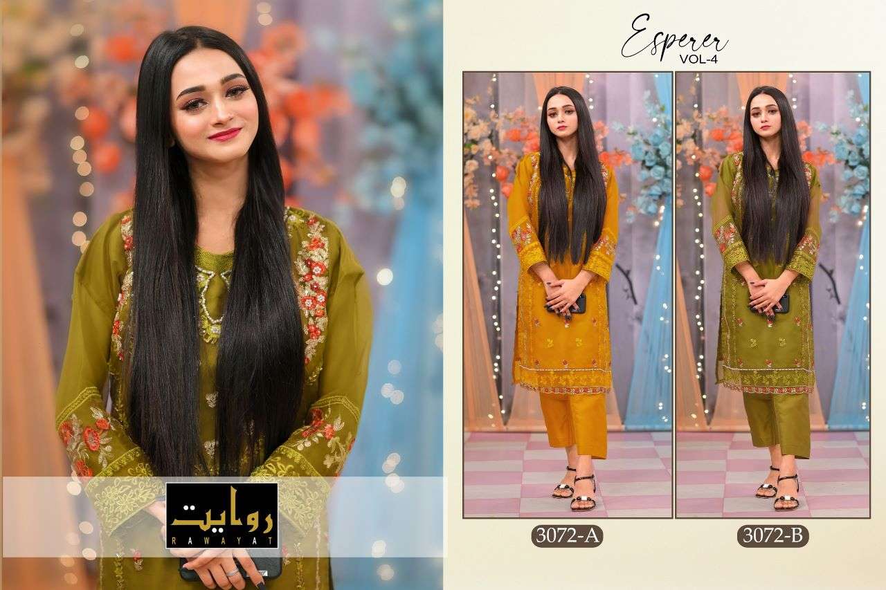 ESPERER VOL-4 BY RAWAYAT 3072-A TO 3072-B SERIES DESIGNER FESTIVE PAKISTANI SUITS COLLECTION BEAUTIFUL STYLISH FANCY COLORFUL PARTY WEAR & OCCASIONAL WEAR ORGANZA SILK EMBROIDERED DRESSES AT WHOLESALE PRICE