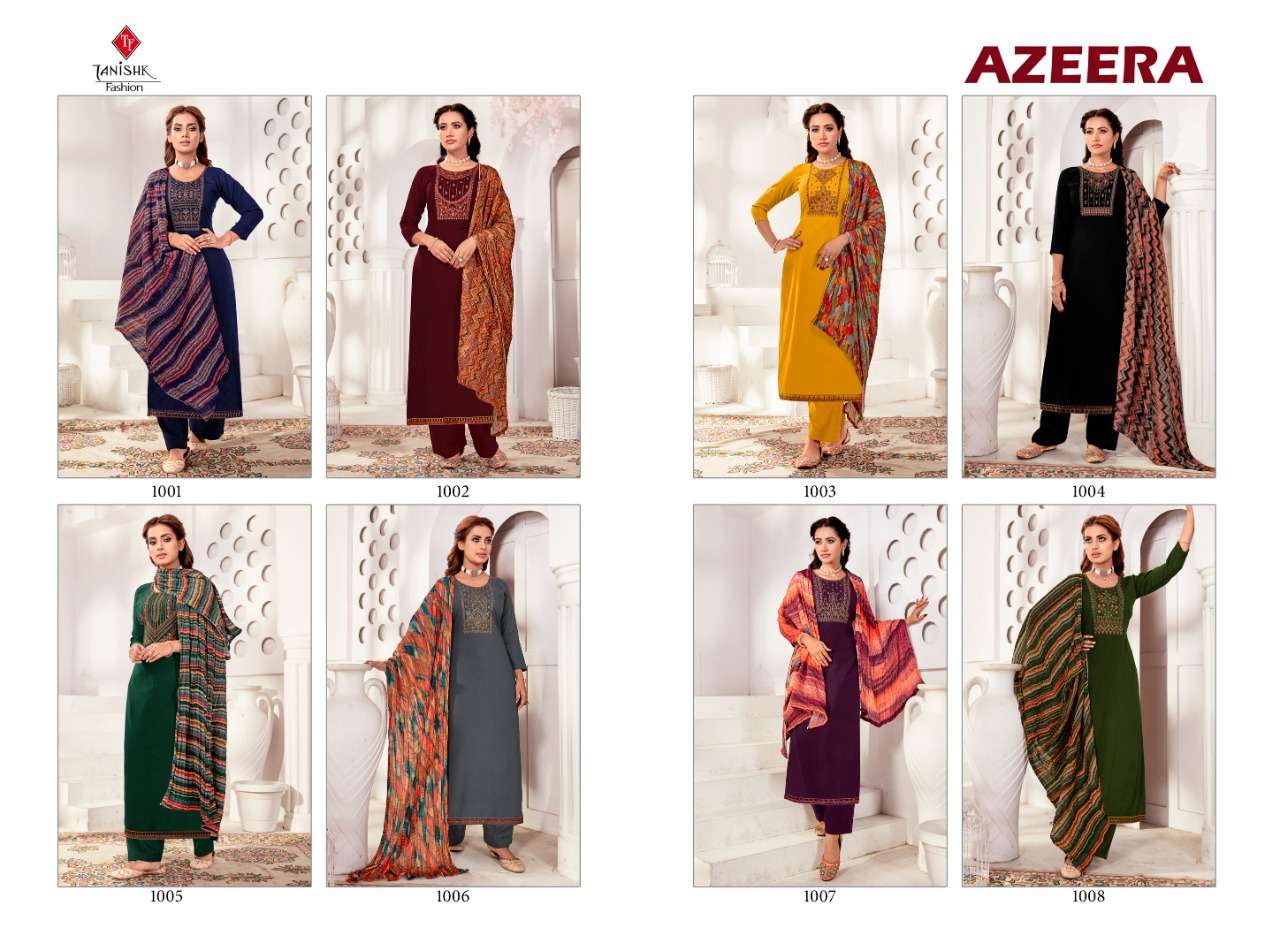 AZEERA BY TANISHK FASHION 1001 TO 1008 SERIES SUITS BEAUTIFUL FANCY COLORFUL STYLISH PARTY WEAR & OCCASIONAL WEAR RAYON SLUB WITH EMBROIDERY DRESSES AT WHOLESALE PRICE