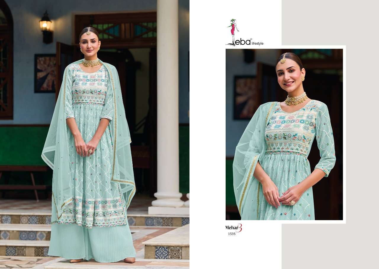 Mehar Vol-3 By Eba Lifestyle 1535 To 1538 Series Sharara Suits Beautiful Fancy Colorful Stylish Party Wear & Occasional Wear Faux Georgette Embroidered Dresses At Wholesale Price