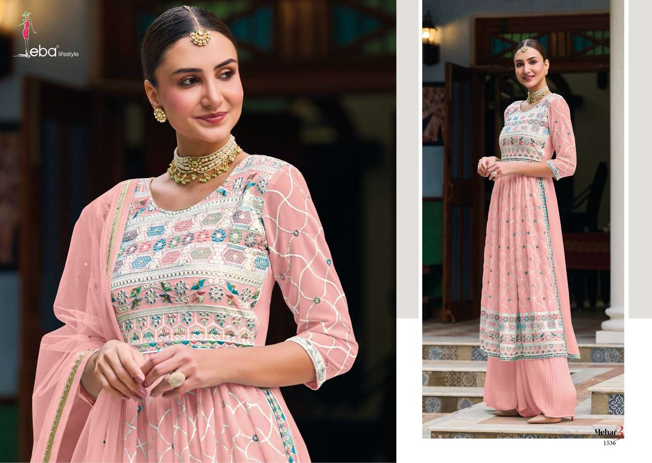 Mehar Vol-3 By Eba Lifestyle 1535 To 1538 Series Sharara Suits Beautiful Fancy Colorful Stylish Party Wear & Occasional Wear Faux Georgette Embroidered Dresses At Wholesale Price