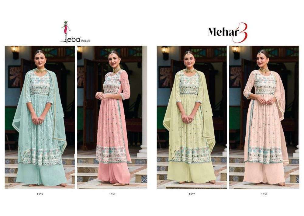 Mehar Vol-3 By Eba Lifestyle 1535 To 1538 Series Sharara Suits Beautiful Fancy Colorful Stylish Party Wear & Occasional Wear Faux Georgette Embroidered Dresses At Wholesale Price