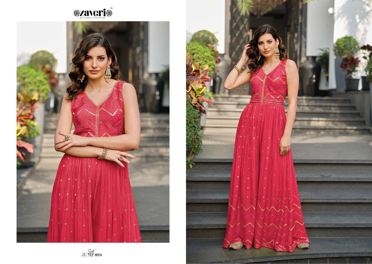 JUMPSUIT 1072 COLOURS BY ZAVERI 1072-A TO 1072-D SERIES DESIGNER STYLISH FANCY COLORFUL BEAUTIFUL PARTY WEAR & ETHNIC WEAR COLLECTION CHINNON JUMPSUIT AT WHOLESALE PRICE