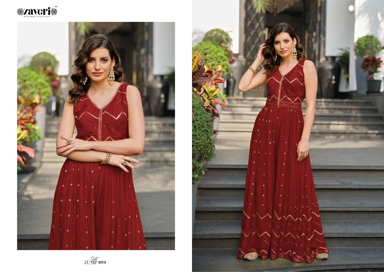 JUMPSUIT 1072 COLOURS BY ZAVERI 1072-A TO 1072-D SERIES DESIGNER STYLISH FANCY COLORFUL BEAUTIFUL PARTY WEAR & ETHNIC WEAR COLLECTION CHINNON JUMPSUIT AT WHOLESALE PRICE