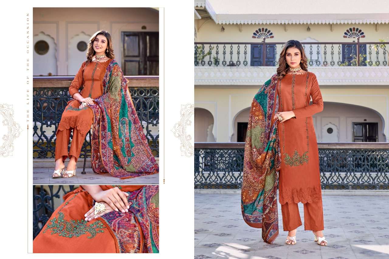ELAHE BY HERMITAGE 1001 TO 1008 SERIES DESIGNER FESTIVE SUITS COLLECTION BEAUTIFUL STYLISH FANCY COLORFUL PARTY WEAR & OCCASIONAL WEAR PURE VISCOSE JAM SATIN EMBROIDERED DRESSES AT WHOLESALE PRICE