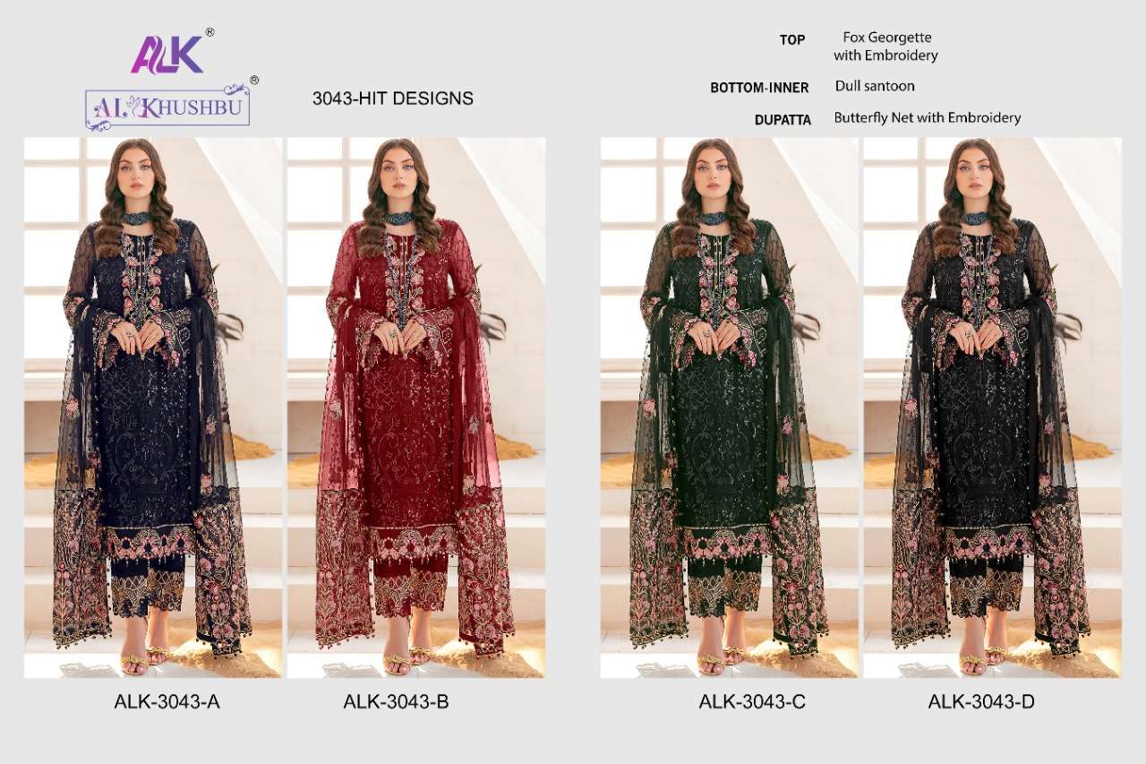 Al Khushbu Hit Design 3043 Colours By Al Khushbu 3043-A To 3043-D Series Beautiful Pakistani Suits Colorful Stylish Fancy Casual Wear & Ethnic Wear Faux Georgette Embroidered Dresses At Wholesale Price