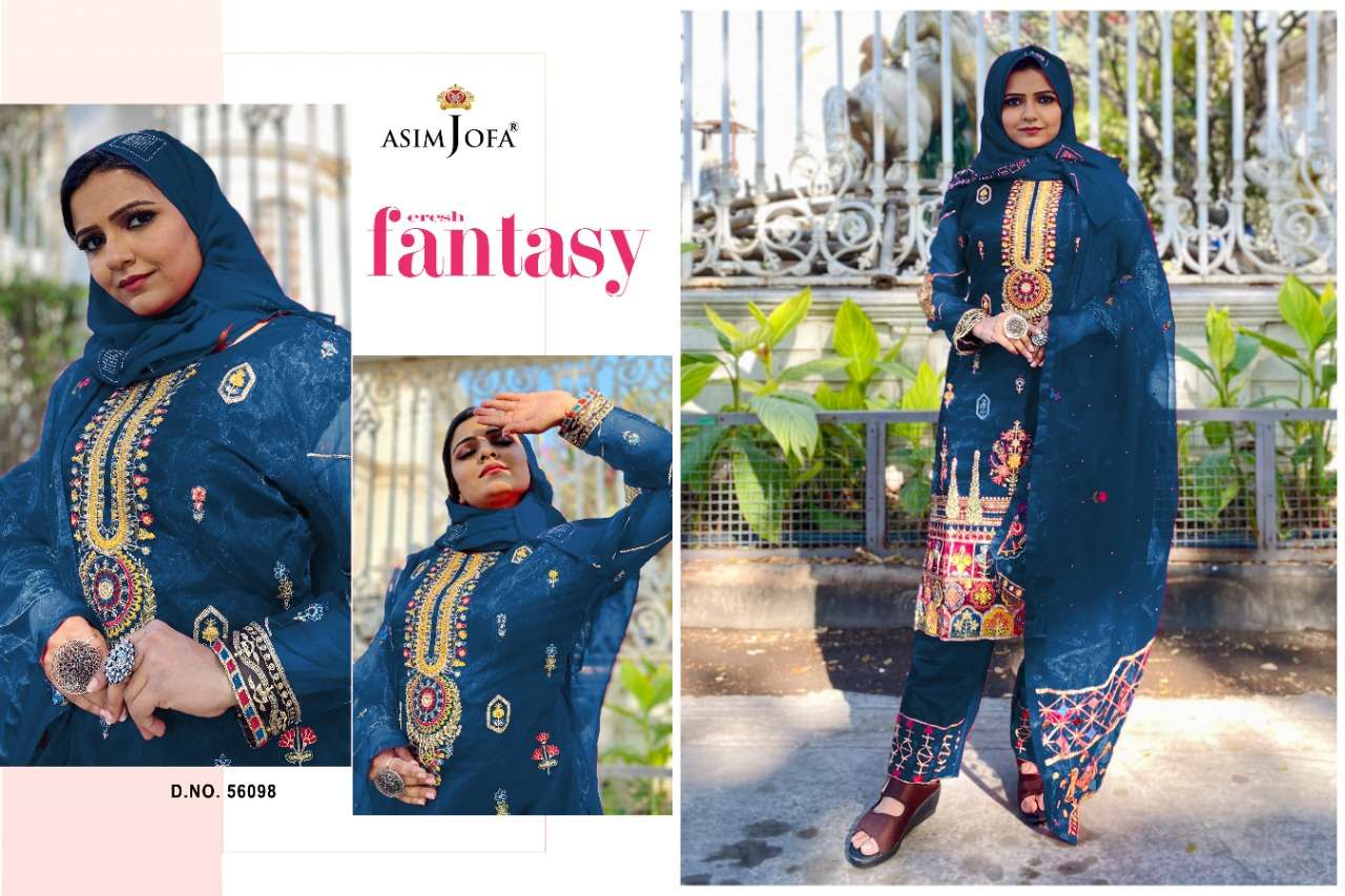 ASIM JOFA 56096 SERIES BY ASIM JOFA 56096 TO 56099 SERIES PAKISTANI SUITS BEAUTIFUL FANCY COLORFUL STYLISH PARTY WEAR & OCCASIONAL WEAR PURE ORGANZA EMBROIDERY DRESSES AT WHOLESALE PRICE