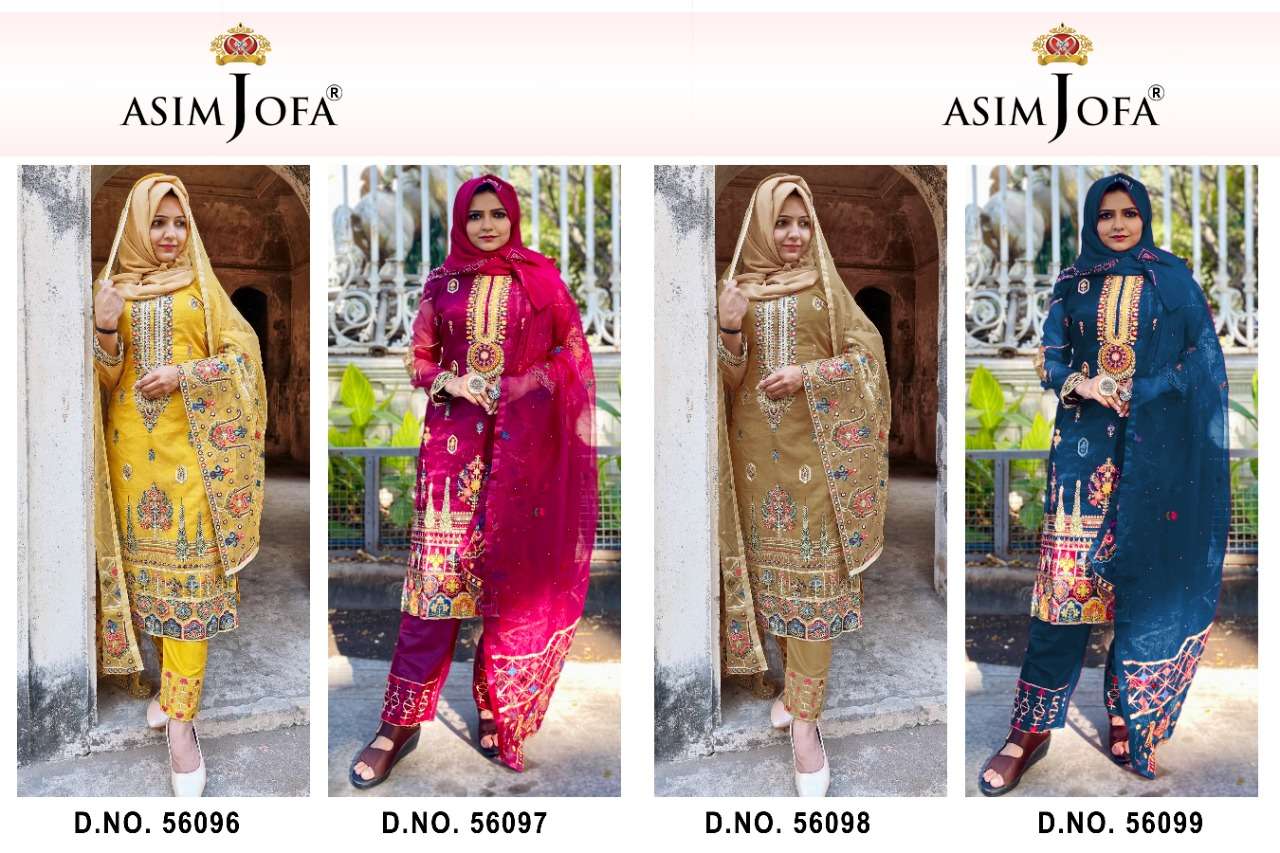 ASIM JOFA 56096 SERIES BY ASIM JOFA 56096 TO 56099 SERIES PAKISTANI SUITS BEAUTIFUL FANCY COLORFUL STYLISH PARTY WEAR & OCCASIONAL WEAR PURE ORGANZA EMBROIDERY DRESSES AT WHOLESALE PRICE