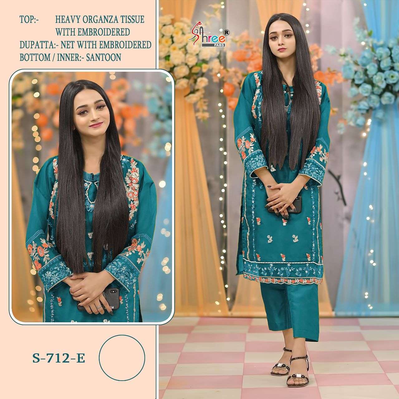 SHREE FABS HIT DESIGN S-712 COLOURS BY SHREE FABS S-712-C TO S-712-F SERIES DESIGNER FESTIVE PAKISTANI SUITS COLLECTION BEAUTIFUL STYLISH FANCY COLORFUL PARTY WEAR & OCCASIONAL WEAR PURE ORGANZA EMBROIDERED DRESSES AT WHOLESALE PRICE