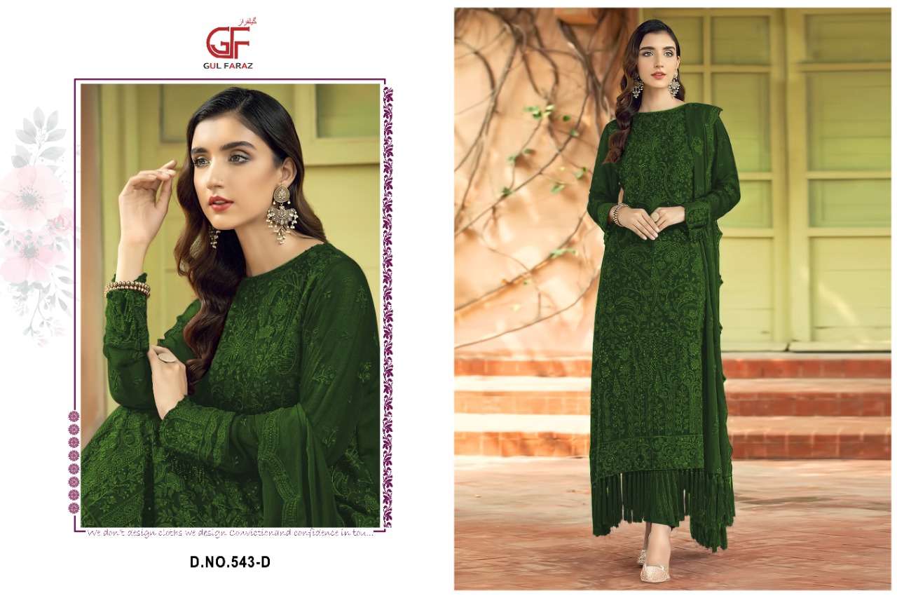 GUL FARAZ 543 COLOURS BY GUL FARAZ 543-A TO 543-D SERIES BEAUTIFUL PAKISTANI SUITS COLORFUL STYLISH FANCY CASUAL WEAR & ETHNIC WEAR FAUX GEORGETTE EMBROIDERED DRESSES AT WHOLESALE PRICE
