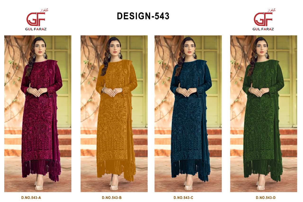 GUL FARAZ 543 COLOURS BY GUL FARAZ 543-A TO 543-D SERIES BEAUTIFUL PAKISTANI SUITS COLORFUL STYLISH FANCY CASUAL WEAR & ETHNIC WEAR FAUX GEORGETTE EMBROIDERED DRESSES AT WHOLESALE PRICE