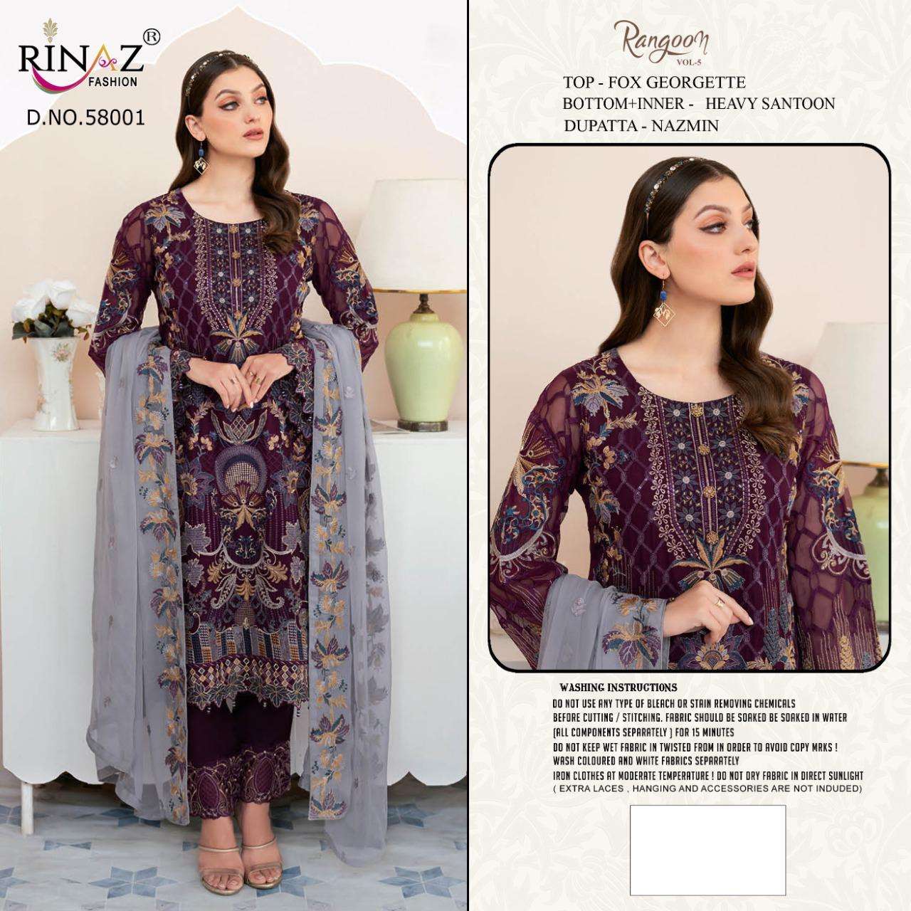 RANGOON VOL-5 BY RINAZ FASHION 58001 TO 58003 SERIES BEAUTIFUL PAKISTANI SUITS COLORFUL STYLISH FANCY CASUAL WEAR & ETHNIC WEAR FAUX GEORGETTE EMBROIDERED DRESSES AT WHOLESALE PRICE