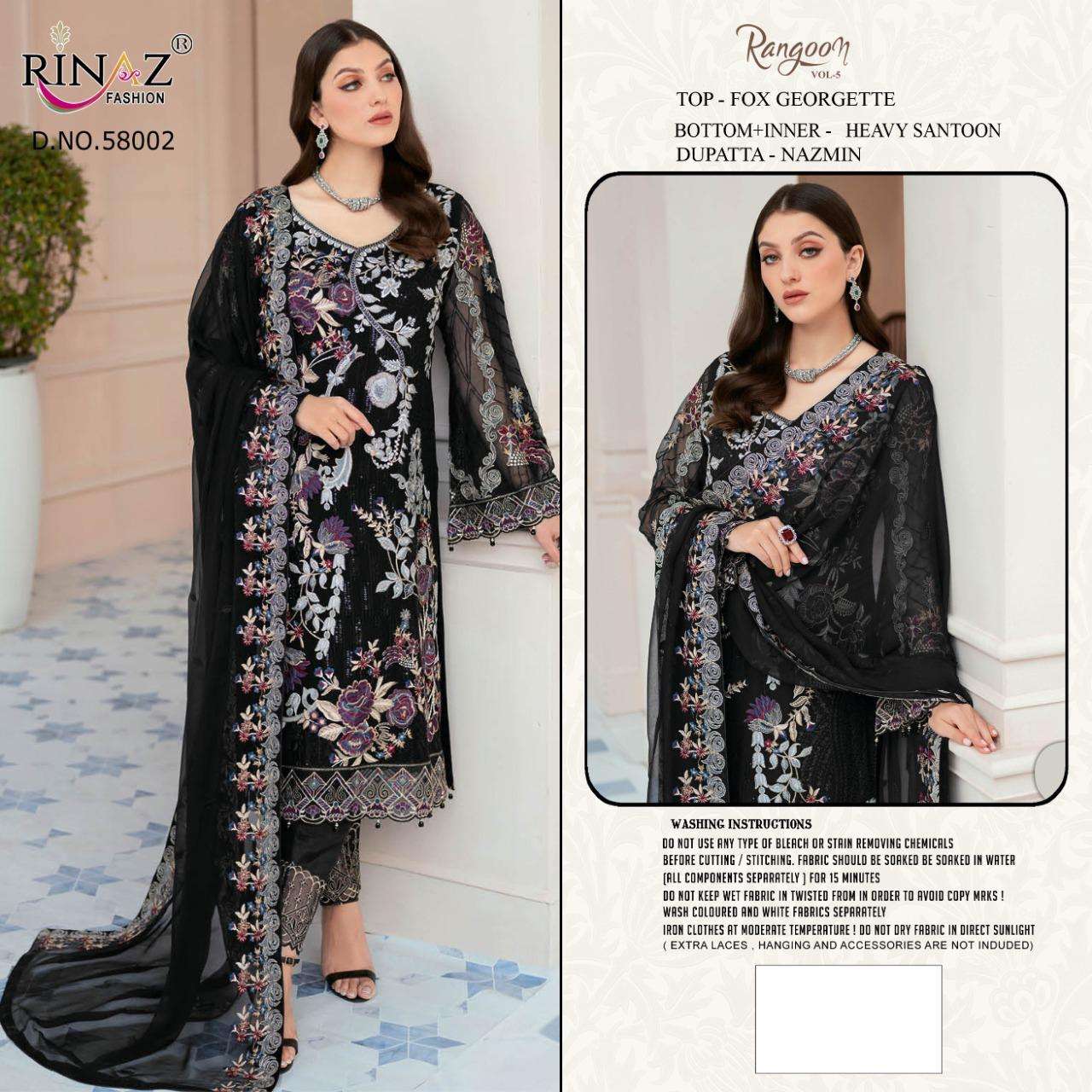 RANGOON VOL-5 BY RINAZ FASHION 58001 TO 58003 SERIES BEAUTIFUL PAKISTANI SUITS COLORFUL STYLISH FANCY CASUAL WEAR & ETHNIC WEAR FAUX GEORGETTE EMBROIDERED DRESSES AT WHOLESALE PRICE