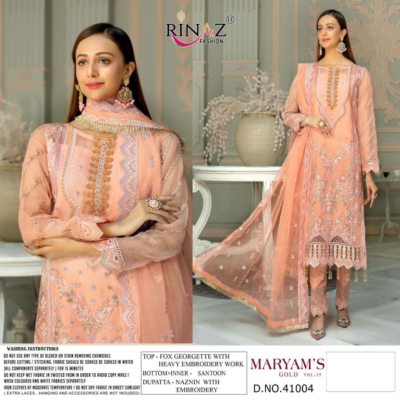 RINAZ HIT DESIGN 41004 BY RINAZ FASHION BEAUTIFUL PAKISTANI SUITS COLORFUL STYLISH FANCY CASUAL WEAR & ETHNIC WEAR FAUX GEORGETTE EMBROIDERED DRESSES AT WHOLESALE PRICE