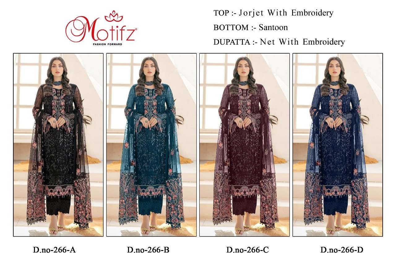 MOTIFZ HIT DESIGN 266 COLOURS BY MOTIFZ 266-A TO 266-D SERIES PAKISTANI SUITS BEAUTIFUL FANCY COLORFUL STYLISH PARTY WEAR & OCCASIONAL WEAR GEORGETTE WITH EMBROIDERY DRESSES AT WHOLESALE PRICE