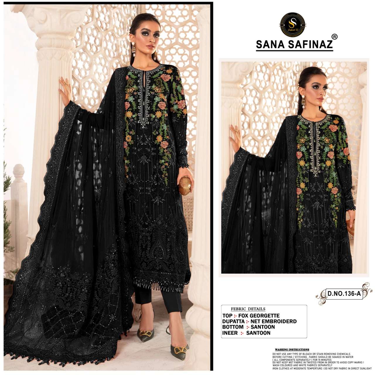SANA SAFINAZ-136 COLOURS BY SANA SAFINAZ 136-A TO 136-D SERIES PAKISTANI STYLISH BEAUTIFUL COLOURFUL PRINTED & EMBROIDERED PARTY WEAR & OCCASIONAL WEAR FAUX GEORGETTE EMBROIDERED DRESSES AT WHOLESALE PRICE