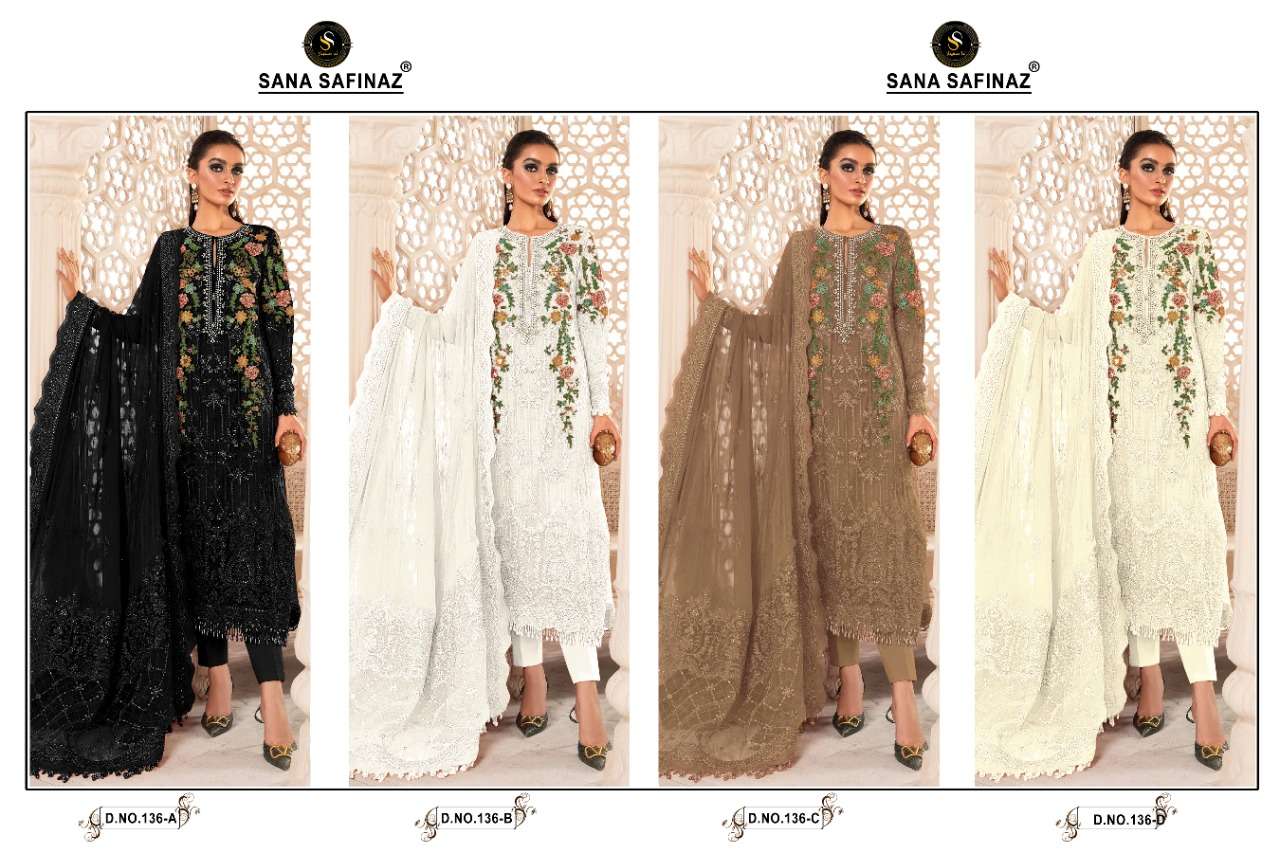 SANA SAFINAZ-136 COLOURS BY SANA SAFINAZ 136-A TO 136-D SERIES PAKISTANI STYLISH BEAUTIFUL COLOURFUL PRINTED & EMBROIDERED PARTY WEAR & OCCASIONAL WEAR FAUX GEORGETTE EMBROIDERED DRESSES AT WHOLESALE PRICE