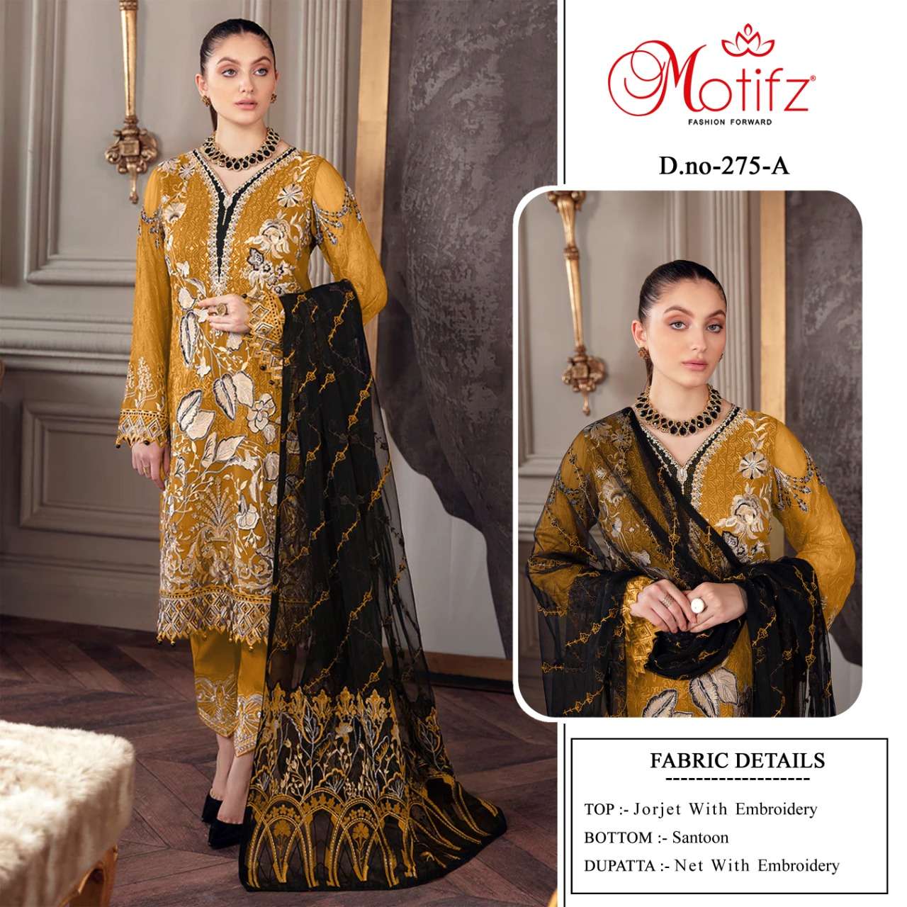 MOTIFZ HIT DESIGN 275 COLOURS BY MOTIFZ 275-A TO 275-D SERIES PAKISTANI SUITS BEAUTIFUL FANCY COLORFUL STYLISH PARTY WEAR & OCCASIONAL WEAR GEORGETTE WITH EMBROIDERY DRESSES AT WHOLESALE PRICE