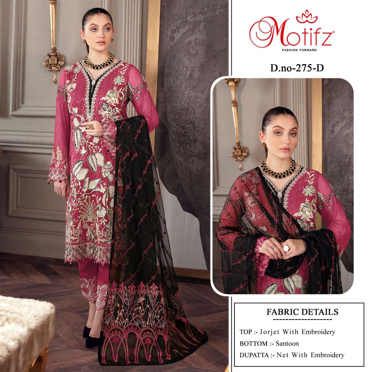 MOTIFZ HIT DESIGN 275 COLOURS BY MOTIFZ 275-A TO 275-D SERIES PAKISTANI SUITS BEAUTIFUL FANCY COLORFUL STYLISH PARTY WEAR & OCCASIONAL WEAR GEORGETTE WITH EMBROIDERY DRESSES AT WHOLESALE PRICE