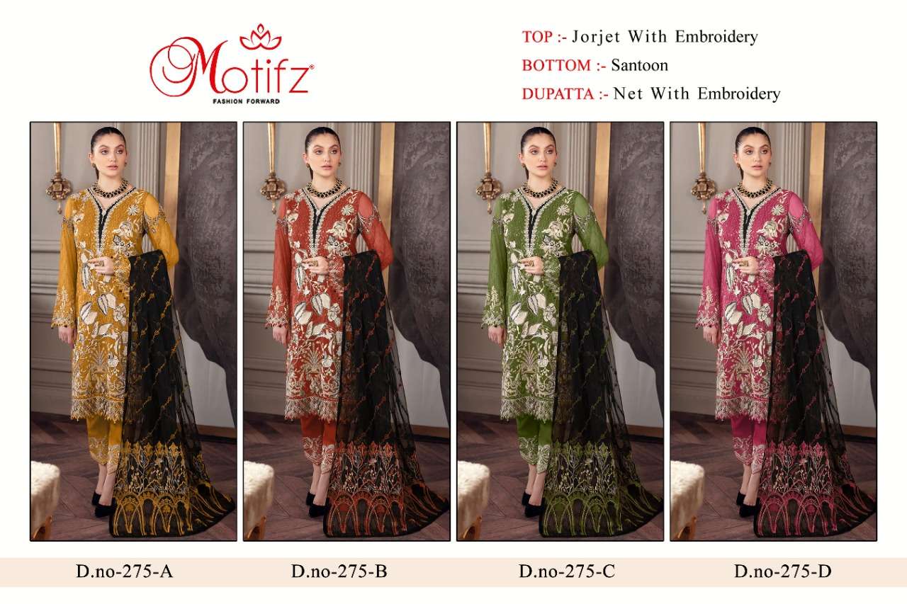 MOTIFZ HIT DESIGN 275 COLOURS BY MOTIFZ 275-A TO 275-D SERIES PAKISTANI SUITS BEAUTIFUL FANCY COLORFUL STYLISH PARTY WEAR & OCCASIONAL WEAR GEORGETTE WITH EMBROIDERY DRESSES AT WHOLESALE PRICE