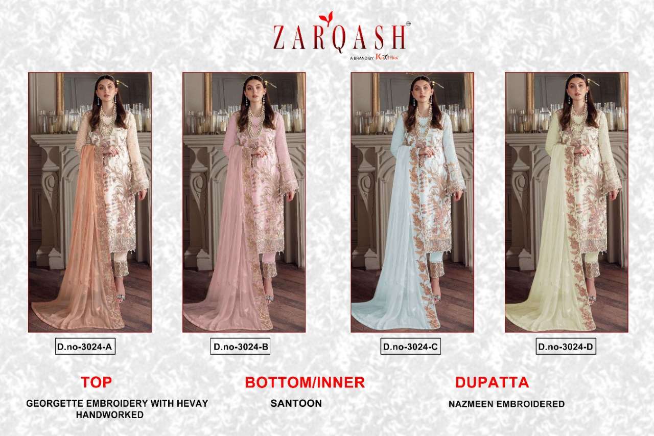 Zarqash Hit Design 3024 Colours By Zarqash 3024-A To 3024-D Series Beautiful Pakistani Suits Colorful Stylish Fancy Casual Wear & Ethnic Wear Heavy Georgette Dresses At Wholesale Price