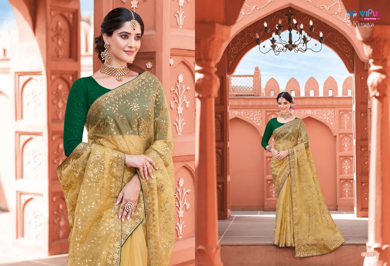 KIMAYA BY VIPUL FASHION 61704 TO 61712 SERIES INDIAN TRADITIONAL WEAR COLLECTION BEAUTIFUL STYLISH FANCY COLORFUL PARTY WEAR & OCCASIONAL WEAR ORGANZA SAREES AT WHOLESALE PRICE