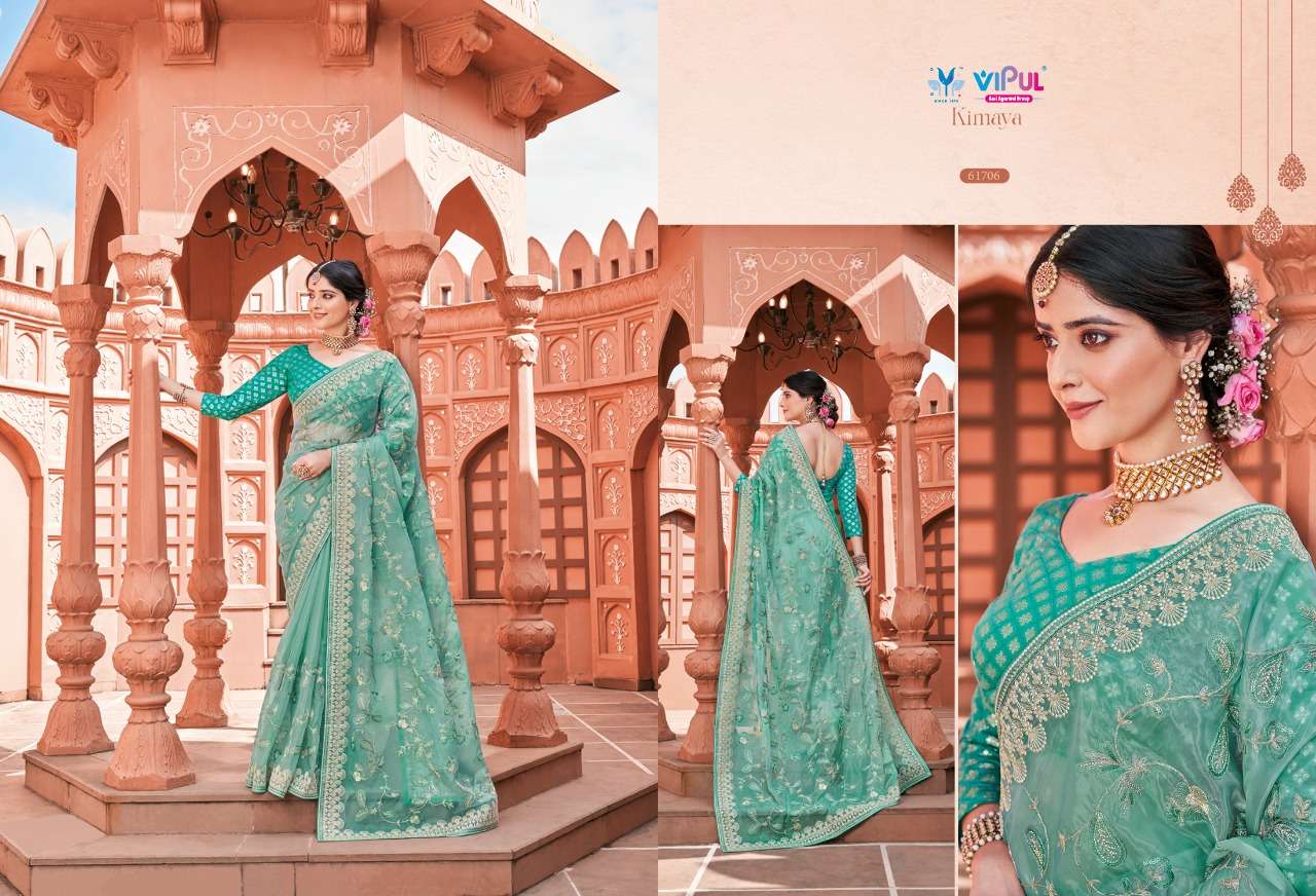 KIMAYA BY VIPUL FASHION 61704 TO 61712 SERIES INDIAN TRADITIONAL WEAR COLLECTION BEAUTIFUL STYLISH FANCY COLORFUL PARTY WEAR & OCCASIONAL WEAR ORGANZA SAREES AT WHOLESALE PRICE