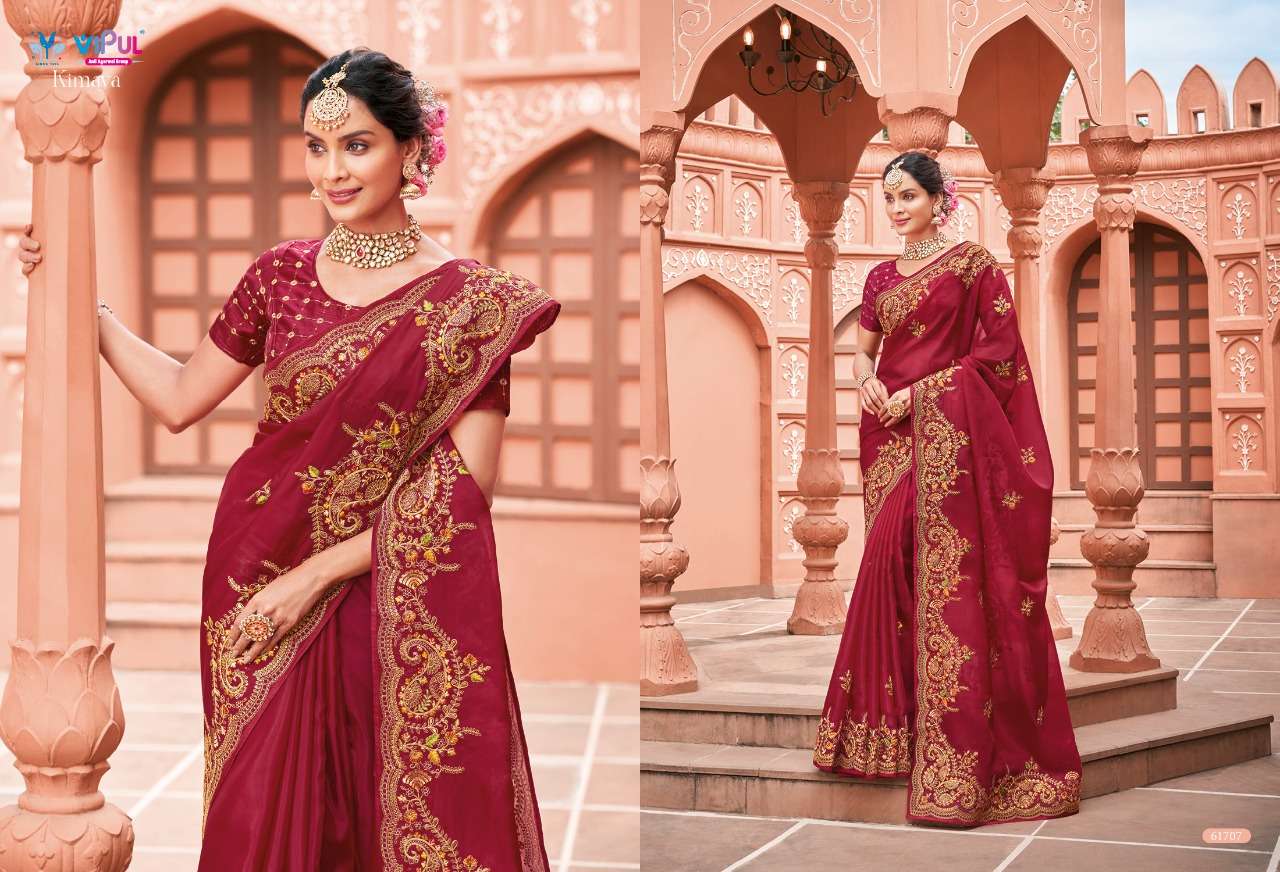 KIMAYA BY VIPUL FASHION 61704 TO 61712 SERIES INDIAN TRADITIONAL WEAR COLLECTION BEAUTIFUL STYLISH FANCY COLORFUL PARTY WEAR & OCCASIONAL WEAR ORGANZA SAREES AT WHOLESALE PRICE