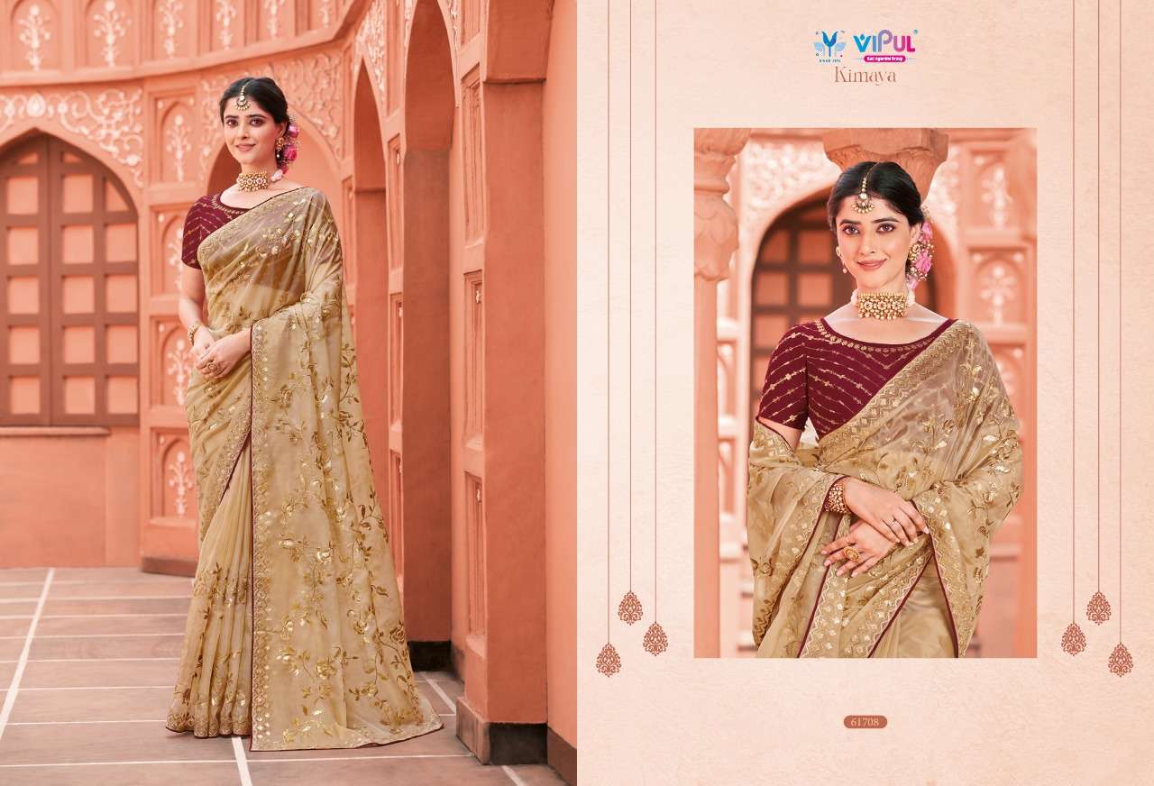 KIMAYA BY VIPUL FASHION 61704 TO 61712 SERIES INDIAN TRADITIONAL WEAR COLLECTION BEAUTIFUL STYLISH FANCY COLORFUL PARTY WEAR & OCCASIONAL WEAR ORGANZA SAREES AT WHOLESALE PRICE