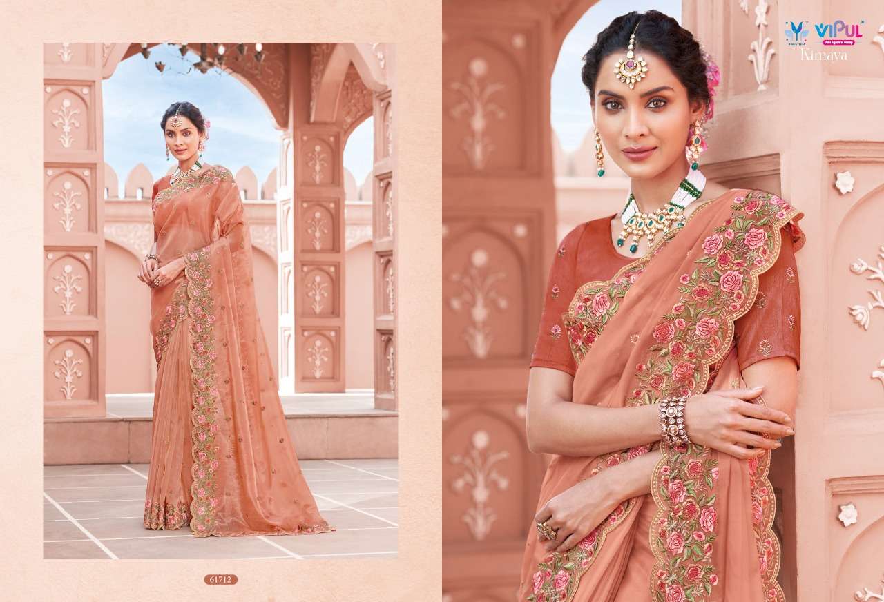 KIMAYA BY VIPUL FASHION 61704 TO 61712 SERIES INDIAN TRADITIONAL WEAR COLLECTION BEAUTIFUL STYLISH FANCY COLORFUL PARTY WEAR & OCCASIONAL WEAR ORGANZA SAREES AT WHOLESALE PRICE
