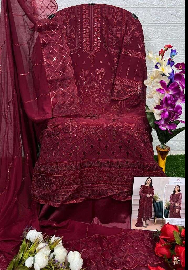 HOOR TEX HIT DESIGN H-65 COLOURS BY HOOR TEX H-65-A TO H-65-D SERIES DESIGNER FESTIVE PAKISTANI SUITS COLLECTION BEAUTIFUL STYLISH FANCY COLORFUL PARTY WEAR & OCCASIONAL WEAR FAUX GEORGETTE WITH EMBROIDERED DRESSES AT WHOLESALE PRICE