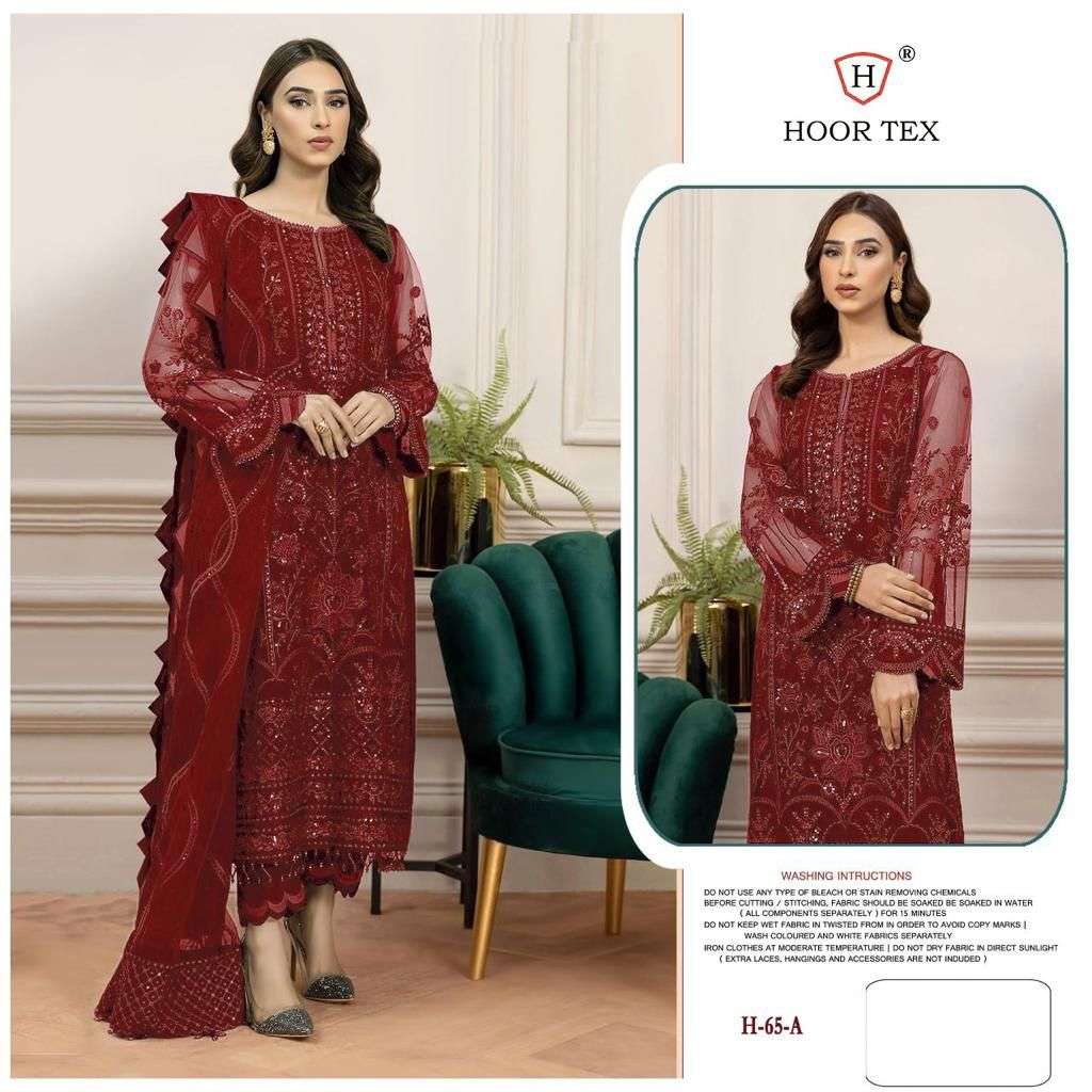 HOOR TEX HIT DESIGN H-65 COLOURS BY HOOR TEX H-65-A TO H-65-D SERIES DESIGNER FESTIVE PAKISTANI SUITS COLLECTION BEAUTIFUL STYLISH FANCY COLORFUL PARTY WEAR & OCCASIONAL WEAR FAUX GEORGETTE WITH EMBROIDERED DRESSES AT WHOLESALE PRICE