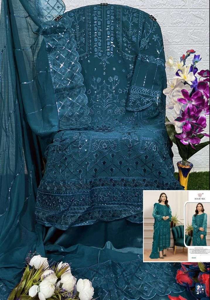 HOOR TEX HIT DESIGN H-65 COLOURS BY HOOR TEX H-65-A TO H-65-D SERIES DESIGNER FESTIVE PAKISTANI SUITS COLLECTION BEAUTIFUL STYLISH FANCY COLORFUL PARTY WEAR & OCCASIONAL WEAR FAUX GEORGETTE WITH EMBROIDERED DRESSES AT WHOLESALE PRICE