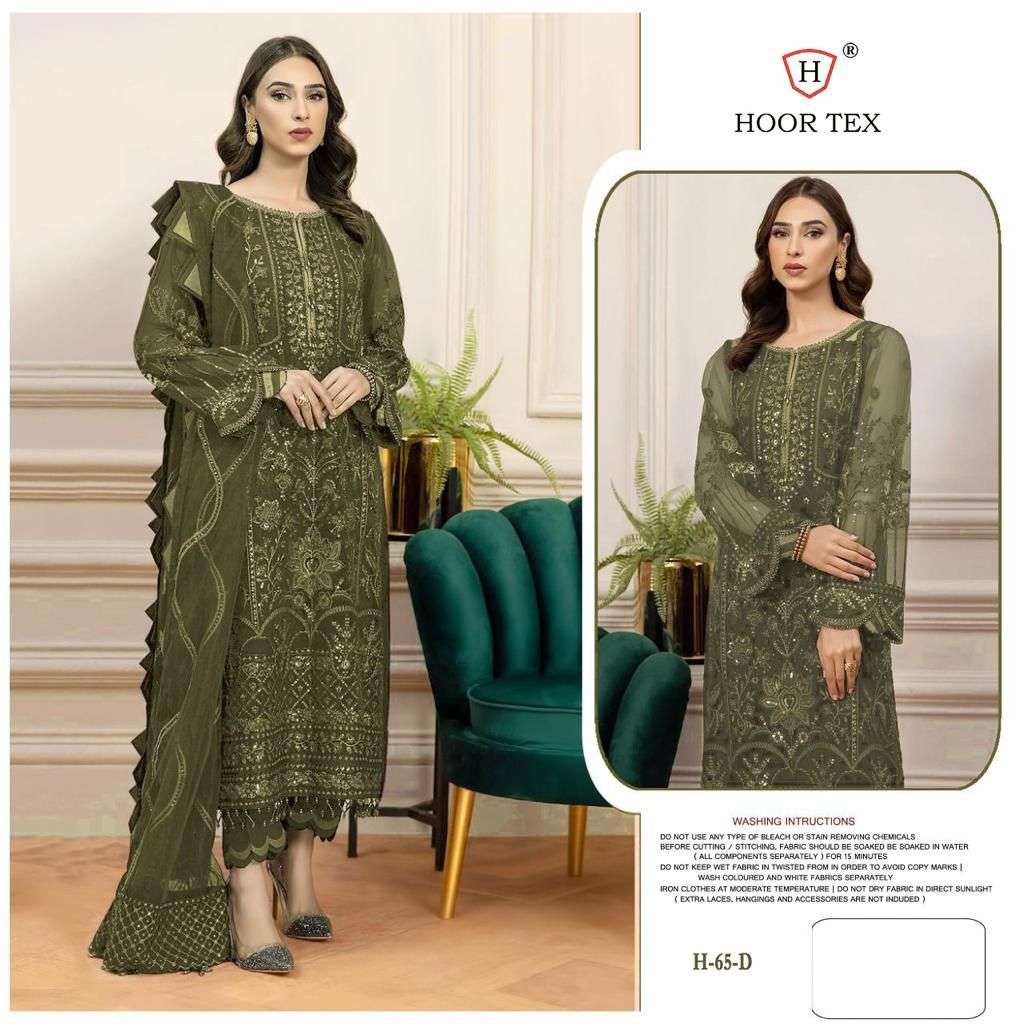 HOOR TEX HIT DESIGN H-65 COLOURS BY HOOR TEX H-65-A TO H-65-D SERIES DESIGNER FESTIVE PAKISTANI SUITS COLLECTION BEAUTIFUL STYLISH FANCY COLORFUL PARTY WEAR & OCCASIONAL WEAR FAUX GEORGETTE WITH EMBROIDERED DRESSES AT WHOLESALE PRICE