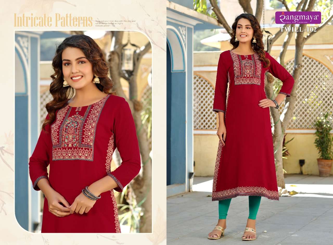 TWILL VOL-2 BY RANGMAYA 101 TO 108 SERIES DESIGNER STYLISH FANCY COLORFUL BEAUTIFUL PARTY WEAR & ETHNIC WEAR COLLECTION RAYON KURTIS AT WHOLESALE PRICE