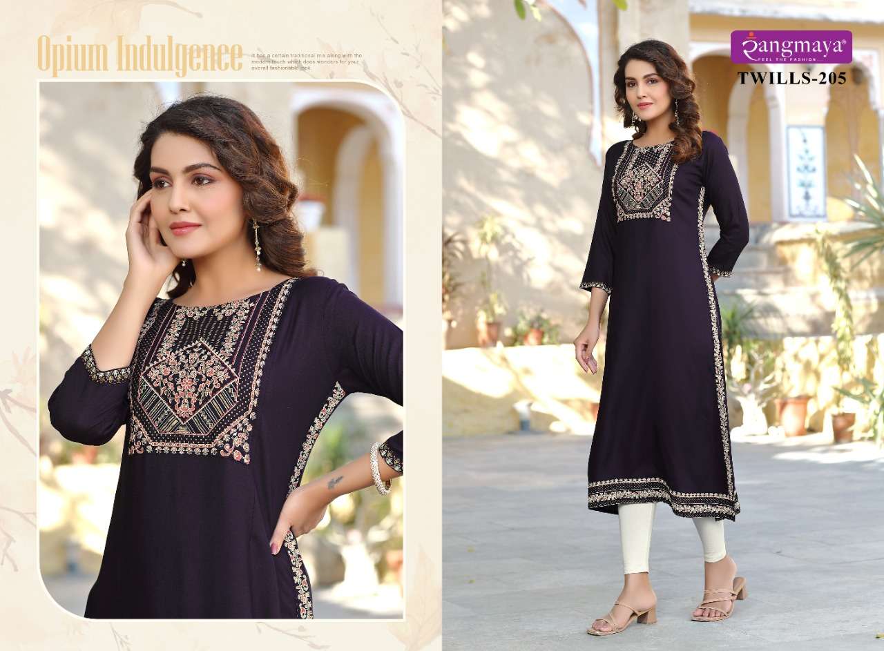 TWILL VOL-2 BY RANGMAYA 101 TO 108 SERIES DESIGNER STYLISH FANCY COLORFUL BEAUTIFUL PARTY WEAR & ETHNIC WEAR COLLECTION RAYON KURTIS AT WHOLESALE PRICE