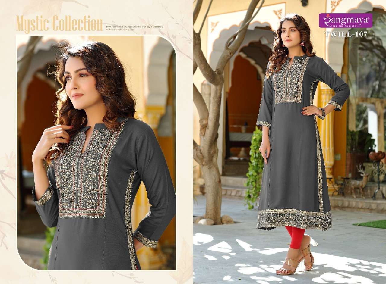 TWILL VOL-2 BY RANGMAYA 101 TO 108 SERIES DESIGNER STYLISH FANCY COLORFUL BEAUTIFUL PARTY WEAR & ETHNIC WEAR COLLECTION RAYON KURTIS AT WHOLESALE PRICE