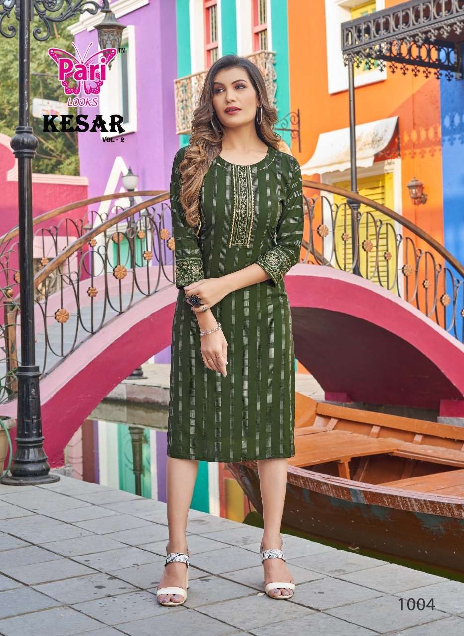 KESAR VOL-2 BY PARI 1001 TO 1008 SERIES DESIGNER STYLISH FANCY COLORFUL BEAUTIFUL PARTY WEAR & ETHNIC WEAR COLLECTION RAYON WITH WORK KURTIS AT WHOLESALE PRICE